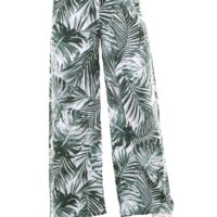 Fashionable green leaf pattern pants for women, perfect for casual wear.